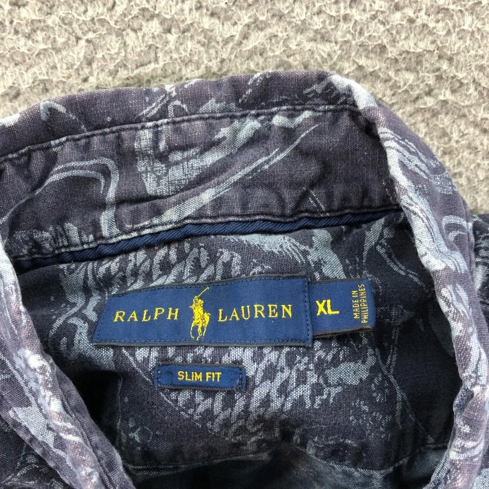 Polo Ralph Lauren Shirt Mens Extra Large Blue Koi Fish Short Sleeve Button Down